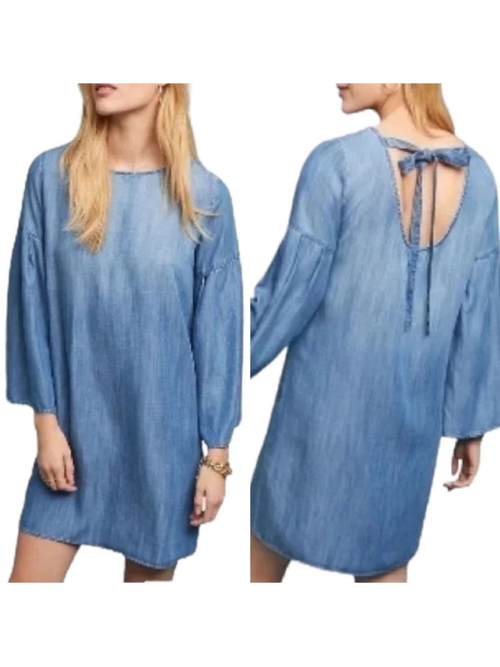 Anthropologie CLOTH & STONE Chambray Tencel Tie Back Bell Sleeve Dress M